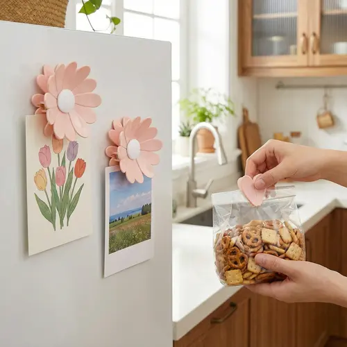Fridge Magnetic chip clips （6 Bag Clips+1 Magnetic Base）Cute Food Sealing Clips - Cherry Blossom Bag Clips for Snack, Bread & Pet Food Storage, Fridge Organizer & Kitchen Decor Gift