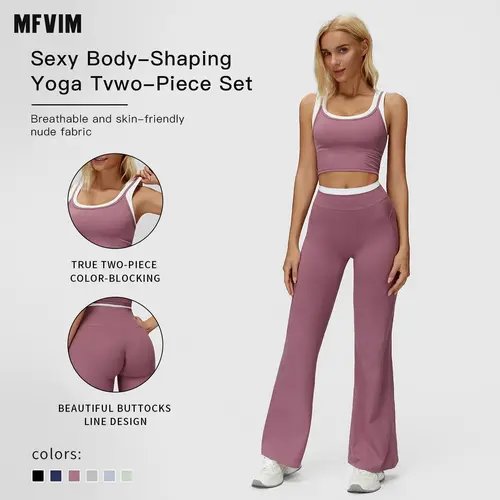 MFVIM Sporty Two-Piece Set Women’s Plain Crop Cami Top & Flare Leg Pants Sports Set, Sporty Casual Comfy Breathable Two-Piece Outfits for Yoga, Gym, Workout, Running, Gym Workout Clothes,summerwins,travel essentials,camping essentials