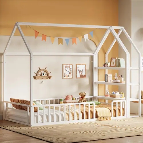 LIKIMIO Twin Metal Floor Bed Frame - Low-Profile House-Shape Indoor Furniture with 3-Tier Storage Shelves, Fence Guardrails, No Box Spring Needed, Space-Saving, Room for Toys, Assembly Required, Easy Setup
