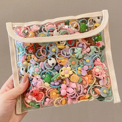 50 Pcs Cute Kids Hairbands Set, Floral & Fruit Design Elastic Rubber Bands, Random Colors, Perfect for Gifts & Daily Use, Flower Hair Accessories, Elastic Hair Accessory