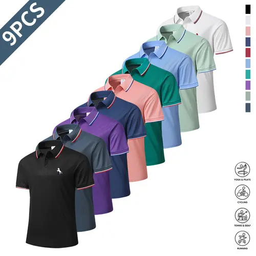 Men's Striped Front-Placket Well-Fitting Polo Shirts (9PCS) - Short-Sleeve Button-Front Men's Wear Tops, Casual Summer Sports Clothes