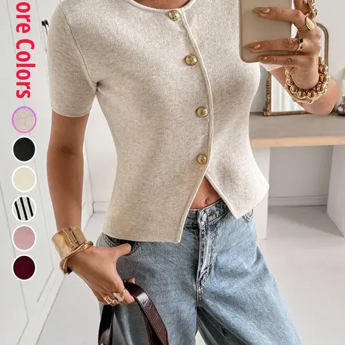 【4th of July】Women's Knitwear Short Top with Buttons, Fitted Design, Casual Style, Half Sleeve, Perfect for Spring and Summer