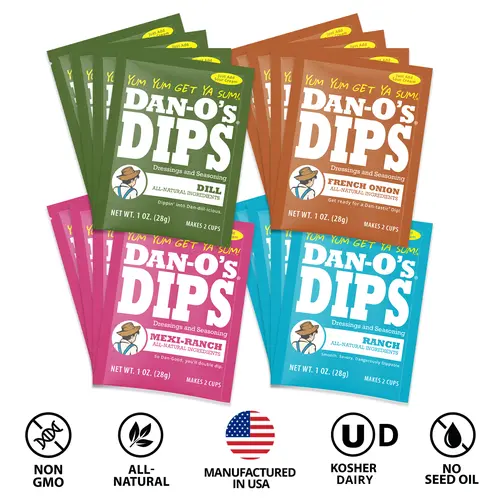 Dan-O's Dips Variety Pack - 16 Pack - Dill, French Onion, Ranch, and Mexi-Ranch (4 oz each)