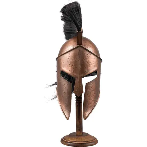 Medieval Warrior King Leonidas Greek Spartan 300 Helmet Black Plume Rustic Finish with Wooden Display Stand for Historical Reenactment Cosplay