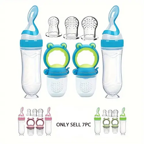Professional Baby Feeding Set, 7pcs/set Baby Feeding Set, Silicone Squeeze Spoon Feeder Bottle & Fruit Food Feeder with Replacement Mesh, Drinking Feeding Supplies, Silicone Feeding Utensils