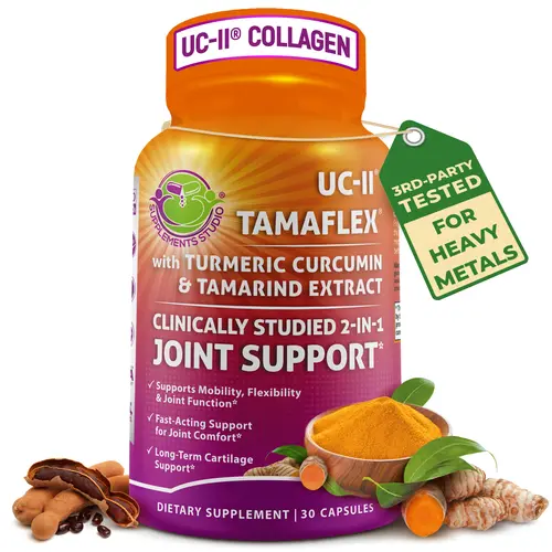 SUPPLEMENTS STUDIO Joint Support Supplement - UC-II Collagen & TamaFlex (Turmeric + Tamarind) - Supports Mobility, Flexibility & Cartilage Health - Glucosamine-Free - Easy to Swallow