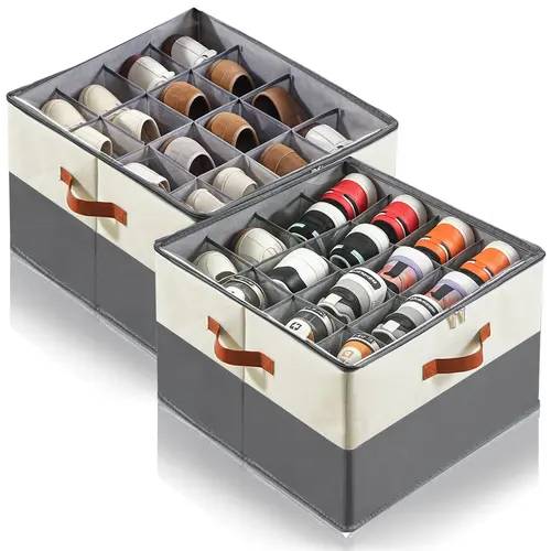 Fabric Shoe Storage Organizer with Lid, Expandable Shoe Boxes, Mesh Compartments, Dustproof PVC Cover, 17x17x12.5in Patchwork Design, Shelf-Compatible, Holds 16-32 Sneakers, ADHD Organizer,dorm essentials,home decor