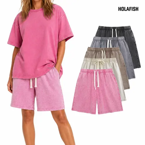 Holafish Women's 2-Piece Vintage Wash Look Basic Tee & Shorts Set - Cotton Garments, 7" Inseam Loose-Fit Breathable Casual Summer Streetwear, Comfortable Unisex Clothes with Crewneck Short Sleeves, Soft Cotton Fabric