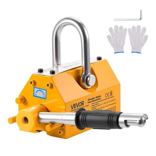 【toolupgrade】VEVOR N42 Nd Magnet Permanent Magnetic Lifter, 880 lbs (400kg) Pulling Capacity with Release Button, Left/Right Switch, Lock-in Handle, Press-to-Rotate, Rust-Resist Steel Hook & Protective Gloves, Heavy-Duty for Engineering, Lifting Flat Shee