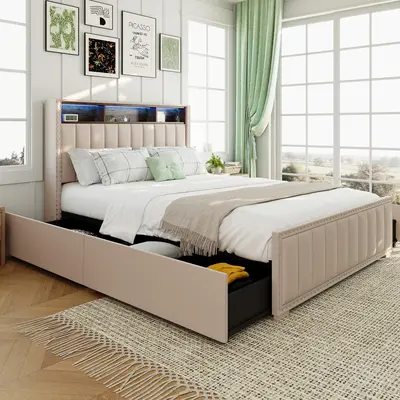 Beige Upholstered Bed Frame (Queen & Full Size Options) - Furniture with 4 Drawers, Storage Headboard, Built-in Charging Station, Solid Wood Slats, No Box Spring Needed, Ideal for Bedroom Decor Ideas