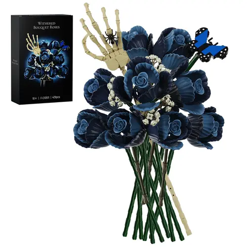 Gothic Black Rose Bouquet Building Set, Corpse Bride Style Skeleton Hand & Black Butterfly Floral Display, Dark Romance Home Decor Gift for Adults (429 PCS)