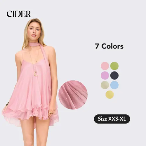 Cider V-Neck Halter Ruffled Hem Tulle Glitter Mini Dress Casual Wear Sexy Glamorous Women's Party Clubbing Festival Gown, Oversized Loose Fit Bounce Sundress with Scarf for Summer SummerWins SummerFinds
