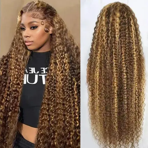 Zlzlblbl 30inch Highlight Ombre Lace Front Wig Human Hair 13x6 HD Honey Blonde 4/27 Curly Wave Lace Frontal Wigs Glueless Wigs Human Hair 200% Density