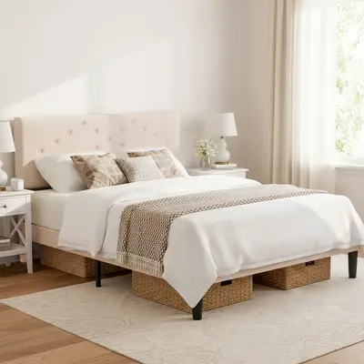 Sweetcrispy Premium Upholstered Platform Bed Frame, Beige Indoor Furniture with Height-Adjustable Upholstered Headboard, Crystal Stud Accents, Metal Frame, Easy Setup, Upholstered Platform Bedframe