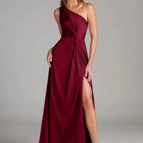 Azazie Brooke One Shoulder Ruched Side Knot Slit A-Line Luminous & Stretch Satin Maxi Dress sohochic