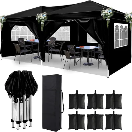 Ling Rong 10x20 Black Pop Up Canopy Outdoor Party Tent with 6 Sidewalls, Wedding Party Tent Outdoor Waterproof UV50 Canopy Event Shelter Tents for Parties, 6 pcs Weight Bag,Carry Bag