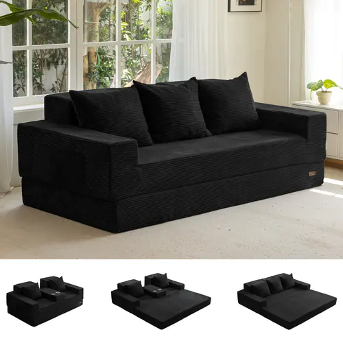 MAXYOYO Folding 3-Seater Couch 4-in-1 Corded Sofa Bed with Cup Holders for Small Spaces, Boneless Couch, No Assembly Needed