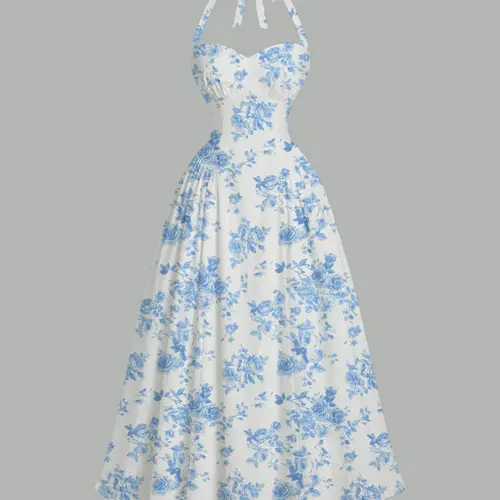 Women's Blue & White Floral Print Halter Neck Dress, Boho fashion dress, Boho Casual Elegant, slim-fit A-line dress with fitted top and loose hem, semi-formal slip dress, soft breathable fabric, perfect for vacation brun, Summer, Casual Wear