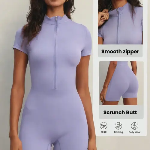 Women's Full Zip Yoga Bodysuit with Short Sleeves and Shorts, Waist-Enhancing Comfort and Fashion for Active Wear, Stylish Activewear, Workout Apparel