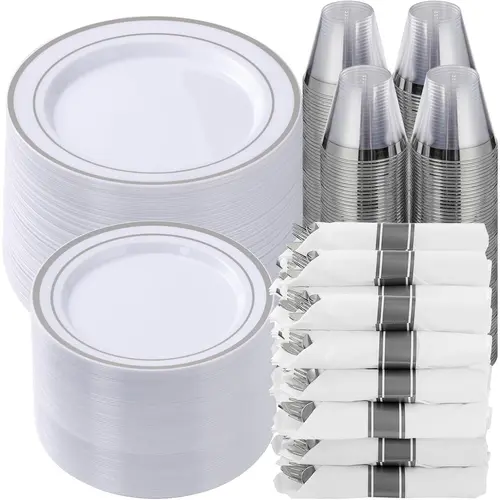 Goodluck 700-Piece Silver Disposable Dinnerware Set for 100 Guests, Party Plates Cups Cutlery and Pre-Rolled Napkins