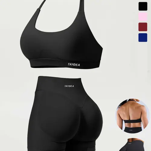 Tayoea Sporty 2 Piece Gym Workout Set Active Wear Exercise Clothing with Quick Dry Running Shorts, High Elastic Seamless Backless Sports Bra, Removable Cup for All Seasons Summer Activewear Matching Workout Set Active Sportswear