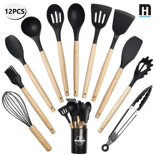 Hansmart 12-Piece Specialty Kitchen Utensil Set - Kitchen Accessories with 446°F Heat-Resistant Silicone Turner, Safe Natural Wood Handles, Non-Toxic, Durable for Everyday Use, Ideal for Nonstick Cookware