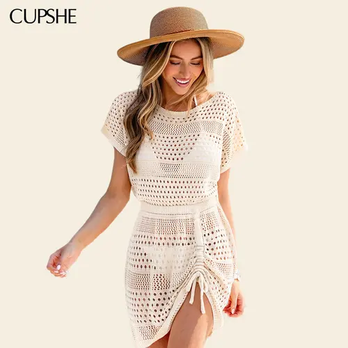 CUPSHE Women's Side Ruching Boatneck Short-Sleeve Knit Cover-Up Mini Dress - Crochet Swimwear Cover for Summer Beach Resorts, Bikini & Swimsuit Outfit Accessory , Swimsuit Coverups, Beach Outfits, Swimwear Cover Up, Cover Ups Swimsuits #summerfinds