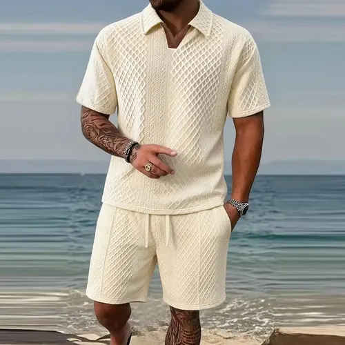 Men's 2-Piece Color-Block V-Neck Short-Sleeve Fitted T-Shirt & Drawstring Set - Beige Tropical, Plain, Regular Fit, Resort Wear, Ideal for Summer Outdoor & Commuting, 2-Piece Set 2