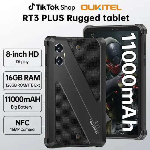 OUKITEL RT3 Plus Rugged Android 15 Touch Screen Mobile Phone Tablet, 8in HD Display Waterproof Industrial Tablet PC, 1100mAh Battery, 16GB+128GB (1TB Expandable), 16MP+8MP Cameras, 100dB Speaker, Face ID, MediaTek G81, GPS, NFC, Touch Screen Mobile Phones