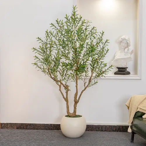 Olive Tree Artificial Indoor, 8FT Tall Faux Olive Tree with 18in Round White Planter, Artificial Plants with Natural Wood Trunk and Lifelike Fruits for Home Office Decor