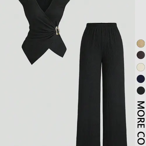 2 Piece Black Solid Textured Asymmetrical Co-ord Set, Minimalist Elegant Wrap V-neck Slim Fit Crop Top & Wide Leg Pants