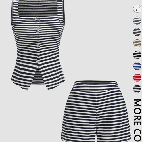 2 Piece Ribbed Striped Casual Knit Matching Outfit Set, Slim-Fit Sleeveless Top & High-Waisted Shorts, Lightweight & Durable for Lounging & Weekend Getaways Clothes