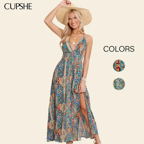 CUPSHE Women's Bohemian Paisley Woven Deep V Neck Sleeveless 100% Rayon Maxi Dress, Casual Boho Outfits, Summer Beach Vacation Wear