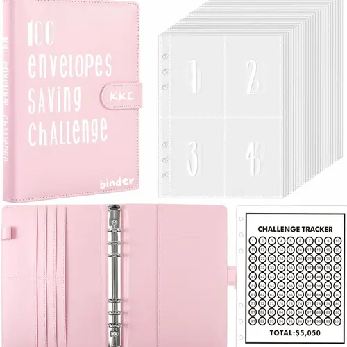 KKC 100-Envelope Savings Challenge Binder - Office Stationery Supplies, Savings Challenge Planner with Infinity Pencil for Easy Progress Tracking & Motivation Boost, Cute Work Accessory, Builds Savings Habit