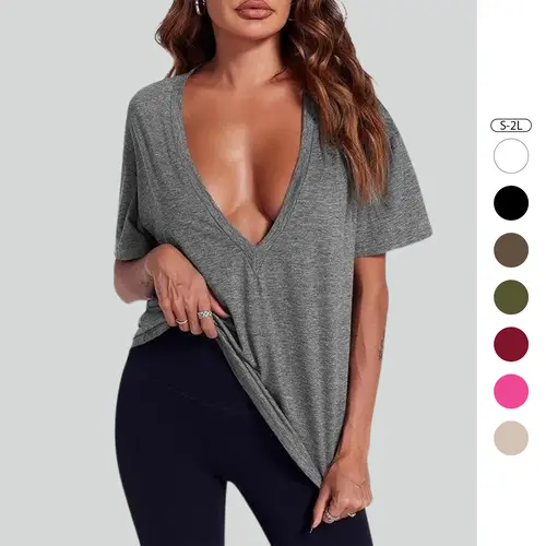 Imily Bela Womens Sexy Deep V Neck T Shirts Summer Short Sleeve Tops Casual Loose Fit Tees