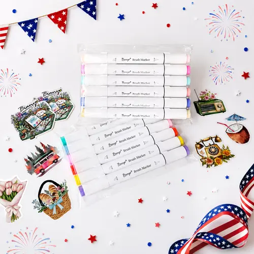 Bianyo 12-Pack Assorted Color Alcohol Brush Markers with Brush & Fine or Brush & Chisel Tips, Smooth Ink, No Streaking, Includes 12 Cute Stickers for Coloring Books & Journaling