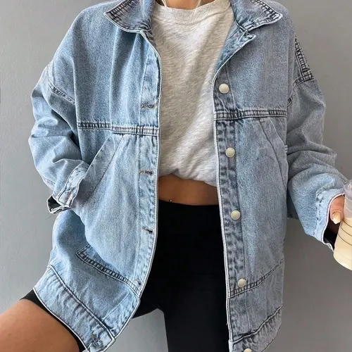 Women's Washed Light Blue Loose Denim Jacket, Loose-fit Lapel Casual Long Sleeve Denim Jacket With Large Pockets, Suitable For Spring, Autumn And Winter