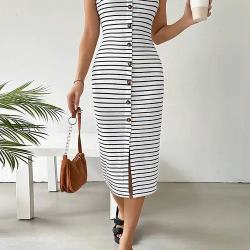 Women's Striped Button Front Sleeveless Beach Dress, Casual Beach Sundress, Casual Fitted Fashion Style, Casual Wear, Perfect for Ladies in Summer