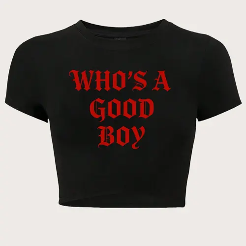 Women's "WHO'S A GOOD BOY" Slogan Print Round Neck Casual Cropped Tee Sleeve, Fashion Casual Everyday Streetwear Crew Neck T-shirt for Daily Holiday Vacation Outdoor Wear, Ladies Clothes for Summer, Crop Top, Womenswear