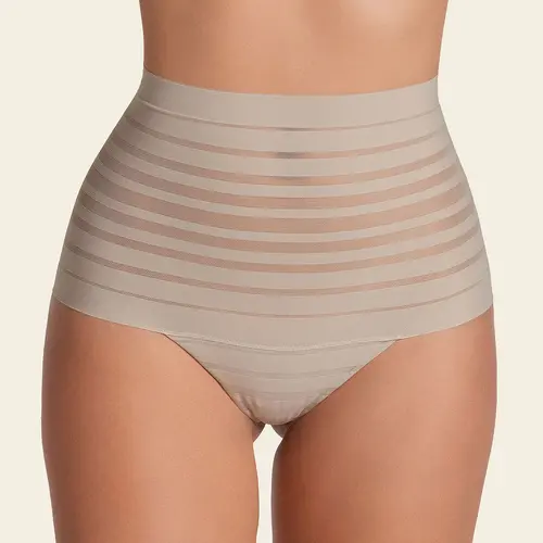 Leonisa UltraStripe Undetectable Slimming Lace Stripe High-Waisted Thong Panty - Stripe Pattern for Smooth Mid-to-Lower Tummy, Seamless & Invisible - Bottom