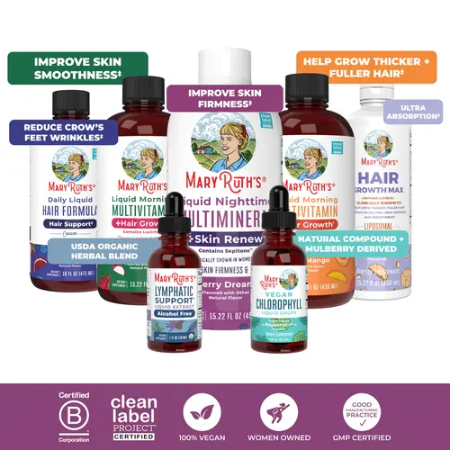MaryRuth's Best Sellers Bundle - Liquid Multivitamin + Hair Growth Peach Mango & Dragon Fruit Melon 15.22oz - Hair Growth Max 15.22oz - Daily Liquid Hair 16oz - Lymphatic Support Drops 1oz - Chlorophyll Drops 2oz - Liquid Multimineral + Skin 15.22oz
