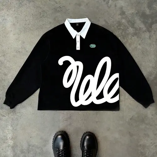 Black Minimalist Classic Polo Collar Loose Oversized Long-Sleeved T-Shirt for Men, Y2K Geometric Aesthetic Fashion Trendy Shirt, Unisex European Streetwear Style Casual Polo Golf Shirt, Casual Fashion Clothing
