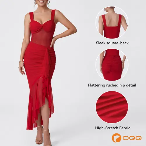 OQQ Women’s Romantic Ruched Soft Mesh Stretch Splice Maxi Dress, Formal Elegant Bold Yet Elegant Dress with Ruffle Detail Hem & Maxi Flow Movement