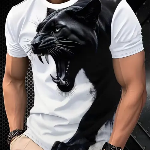 Men's Black Panther Graphic Short Sleeve Fitted Tee, Casual Streetwear, Trendy Cool Design, Essential Fashion Top for All Seasons