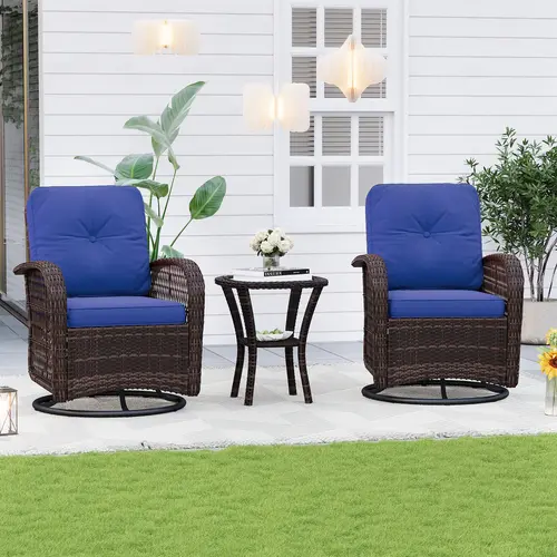AOXUN Patio Furniture Set, Wicker Patio Conversation Set with 2 Swivel Rocker Chairs and Bistro Table, 3-Piece Outdoor Furniture with Thick Waterproof Cushions for Porch, Deck, Backyard, Garden and Poolside