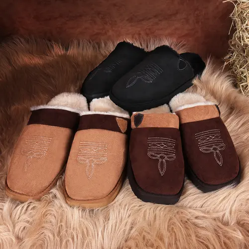 OOW Cowboy Boot Slippers for Men Western House Slippers Indoor & Outdoor Square Toe Chestnut Soft Faux Fur Lining Durable Cotton Fabric