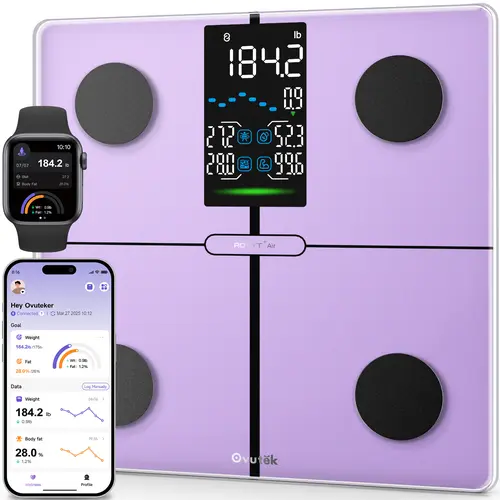 OVUTEK Smart Scale for Body Weight, Purple, Professional Bathroom Digital Scale with BMI, Body Fat, Muscle Mass, Most Accurate to 0.05lb, Large Display High Accurate Body Composition Machine with Fitness App