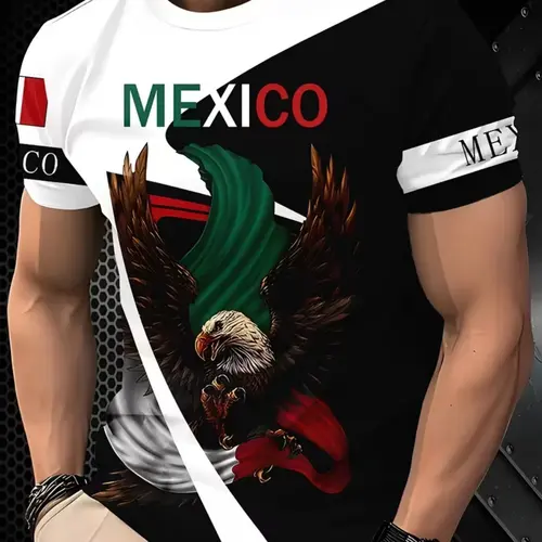Mexican Flag Eagle Print Fitted Crew Neck Graphic T-Shirt, Men's Fashion Short Sleeve Top, National Theme Design, Casual Trendy Streetwear, All-Season Wear, Menswear, Streetwear Graphic Tees