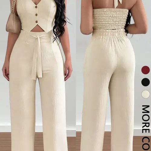 Women's  Halter Crop Top & Wide-Leg Pants Set, Womenswear, Comfortable Woven Material & Halter Neck Design & Smocked Back & Tie-Waist Silhouette，2pcs