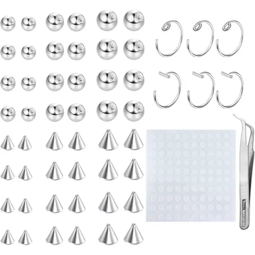 YADOCA Unisex Silver Stainless Steel Non-Piercing Body Jewelry Set - Fake Nose Rings, Geometric Lip & Eyebrow Studs, Tweezers for Birthday, Party Events | Fake Piercings, Nose Rings Set, Graduation